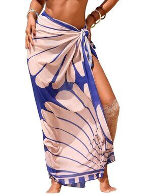 Women's Blue Scallop Print Swimsuit High Slit Summer Floral Print Wrap Beach